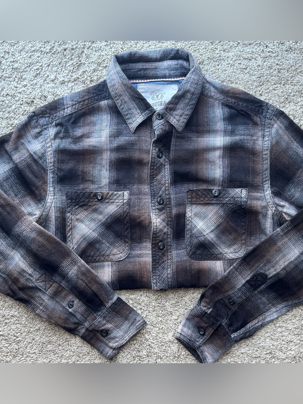 Roebuck & Co Plaid Flannel Button Down Shirt Men’s Small Brown Gray Long Sleeve